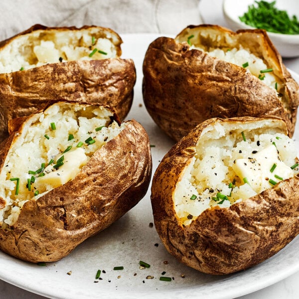 Air fryer baked potatoes on a plate