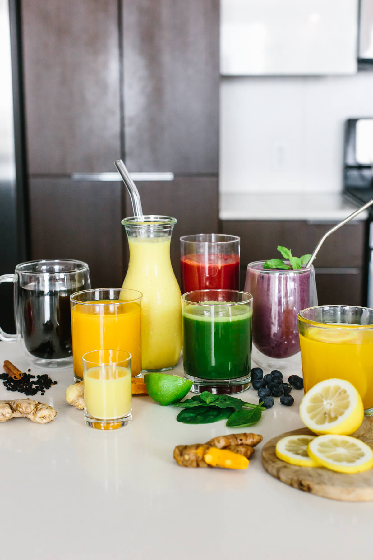 Anti-inflammatory drinks laid out on a countertop.