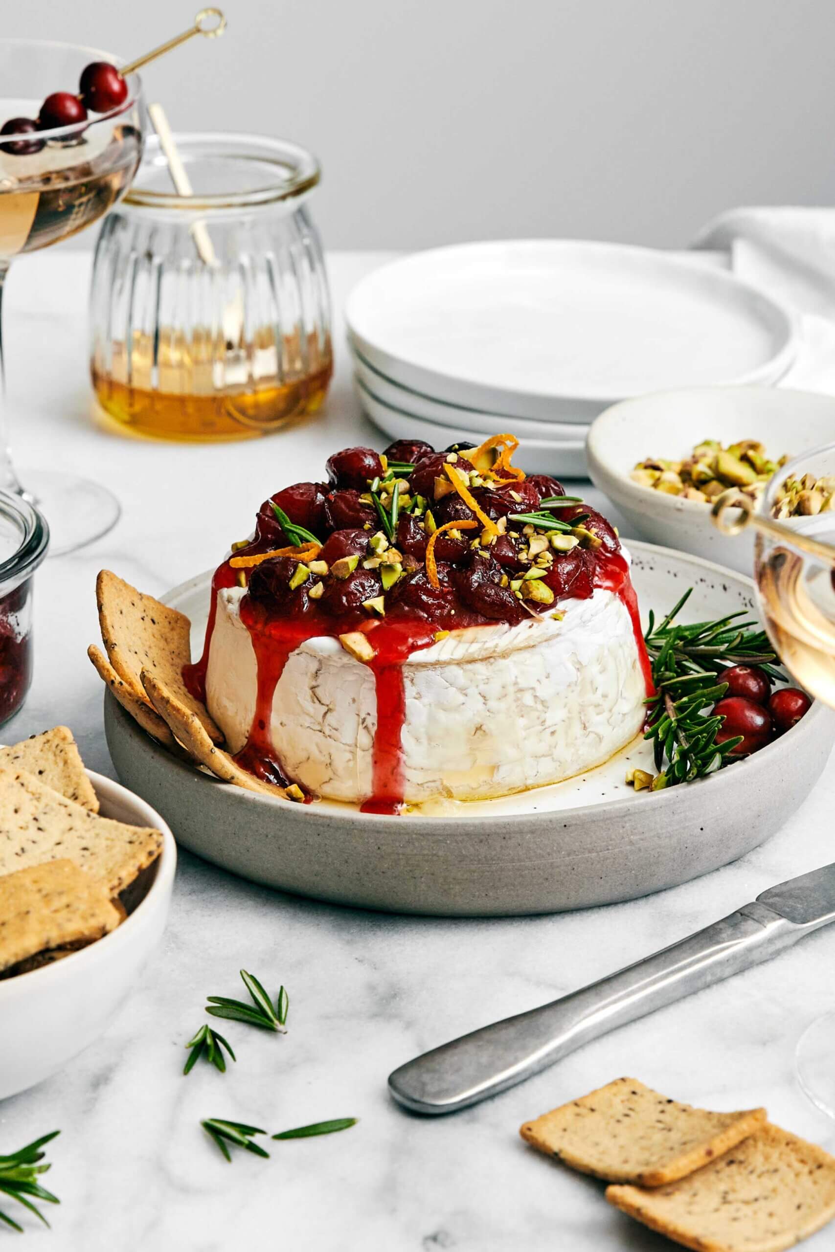 Baked brie with cranberry sauce.