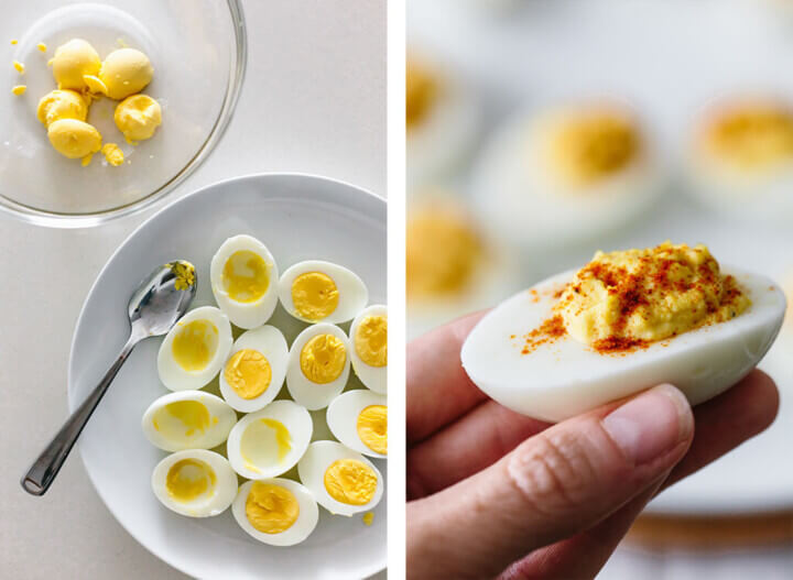 Deviled eggs being made and eaten.