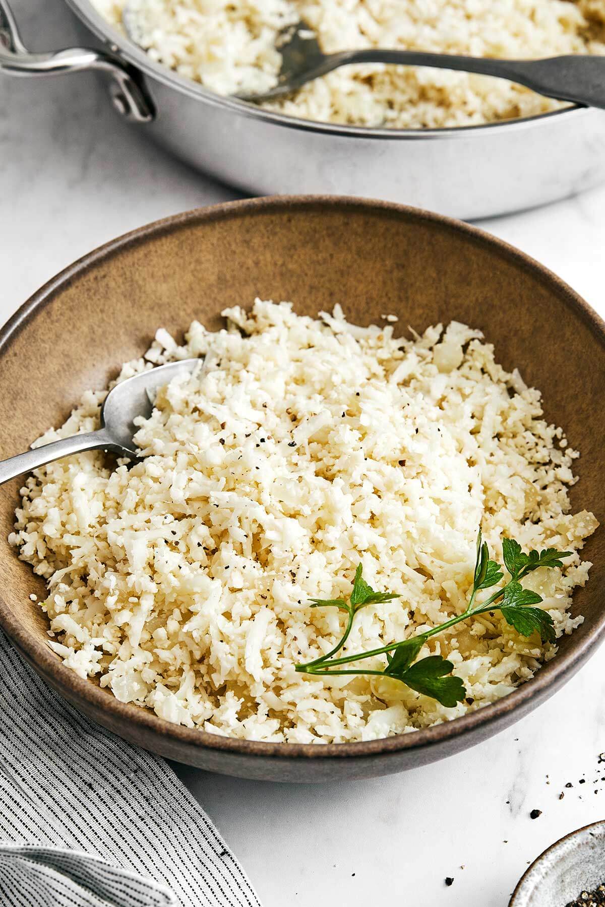 Cauliflower rice in a bowl.