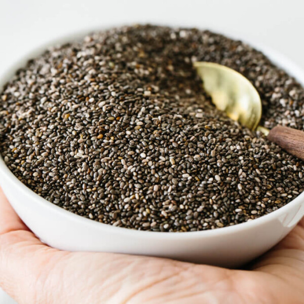 Chia seeds in a white bowl held in hand.