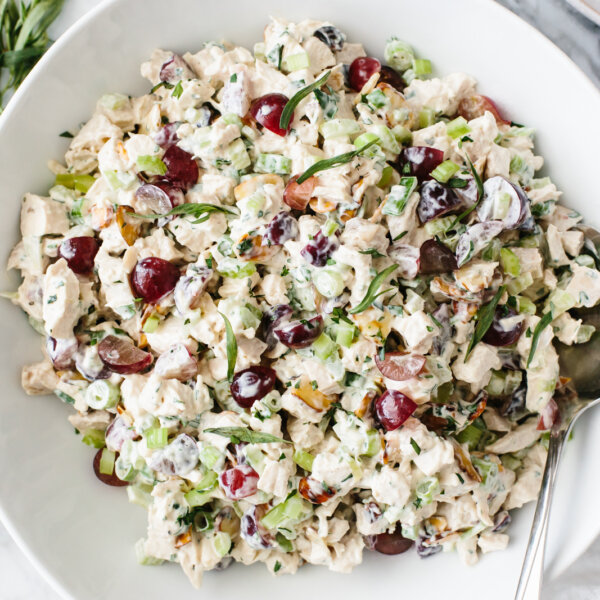 The best chicken salad recipe in a white serving bowl.