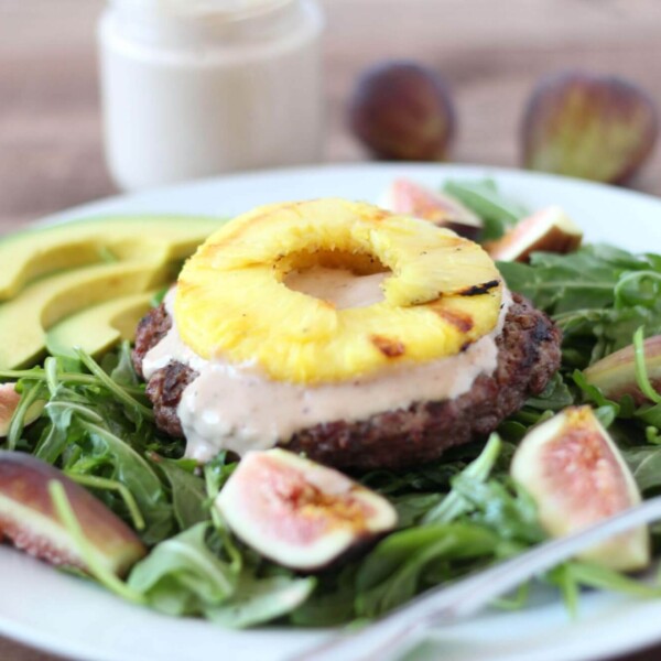 (gluten-free, paleo) Pineapple Burger Bowl with Sweet Fig Mayonnaise | www.downshiftology.com