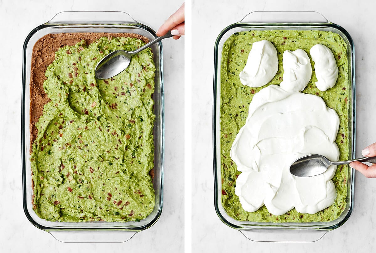 Adding guacamole and sour cream for 7 layer dip