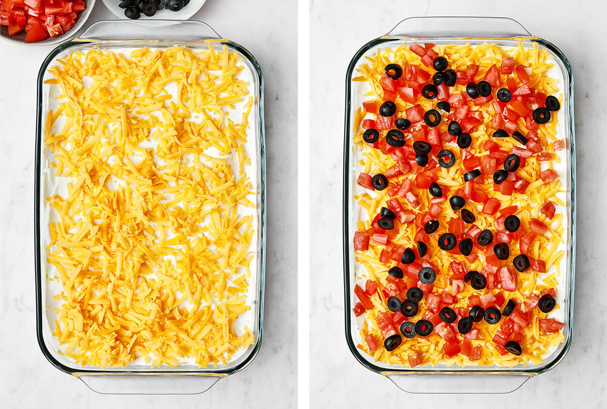 Adding cheese, tomatoes, and olives for 7 layer dip