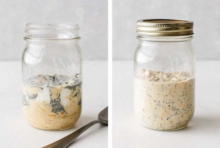 Mixed overnight oats in a jar.