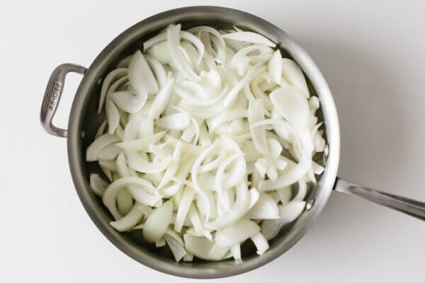 Raw onions in a pan