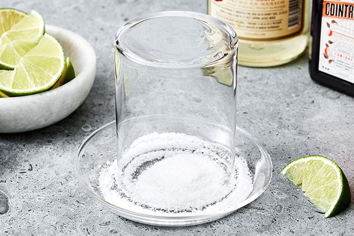 Salt rim on a cocktail glass.