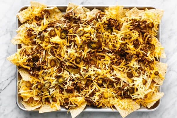 Baked nachos on a sheet pan