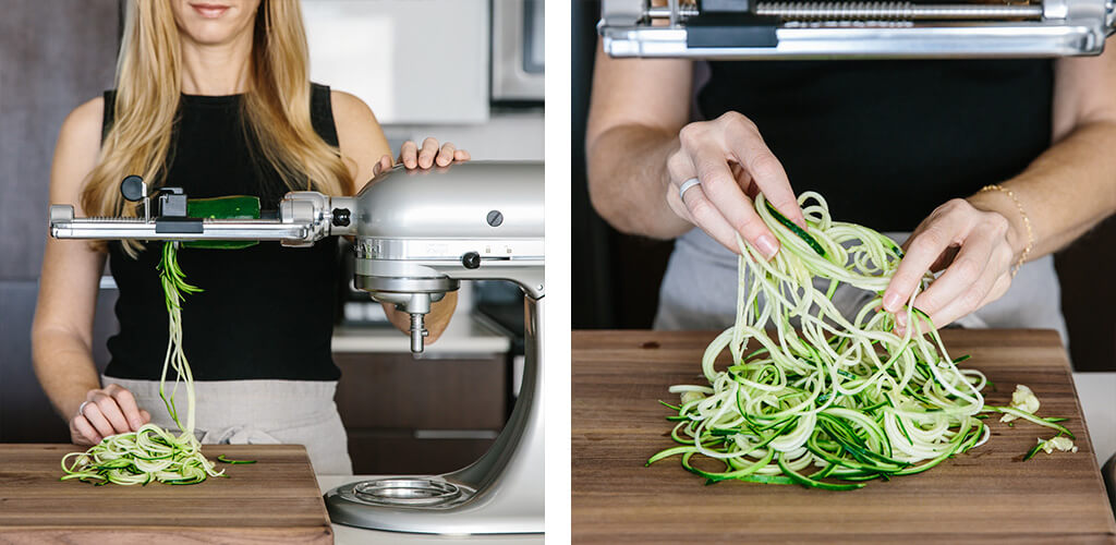 Making zucchini noodles with a KitchenAid spiralizer.