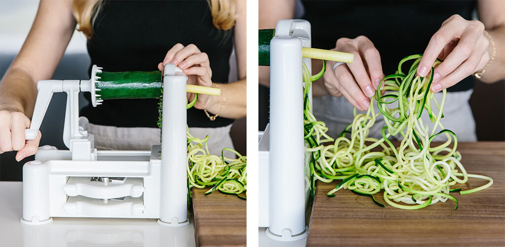 Making zucchini noodles with a spiralizer.
