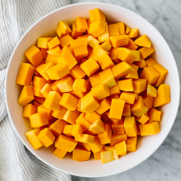 Bowl of cubed and cut butternut squash.