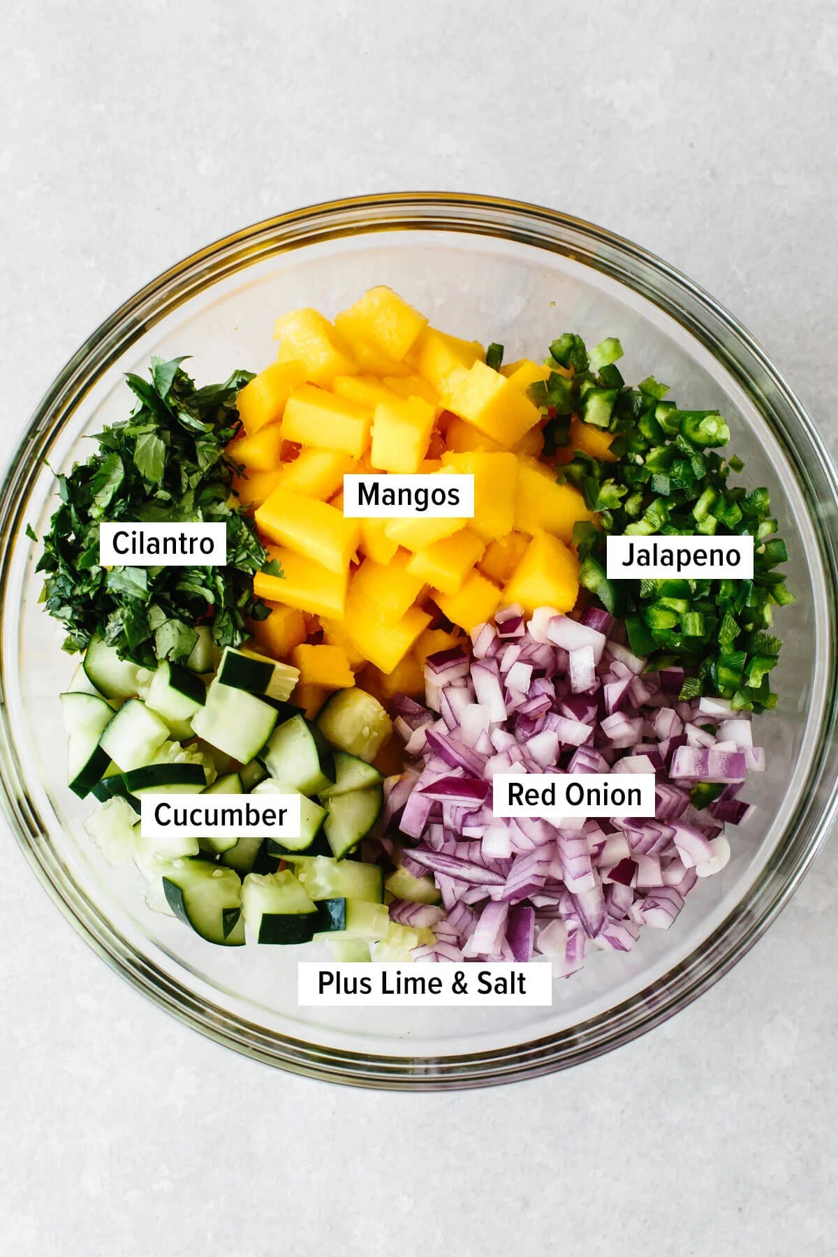 Ingredients for mango salsa in a bowl.
