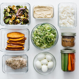Meal prep ingredients in separate containers.