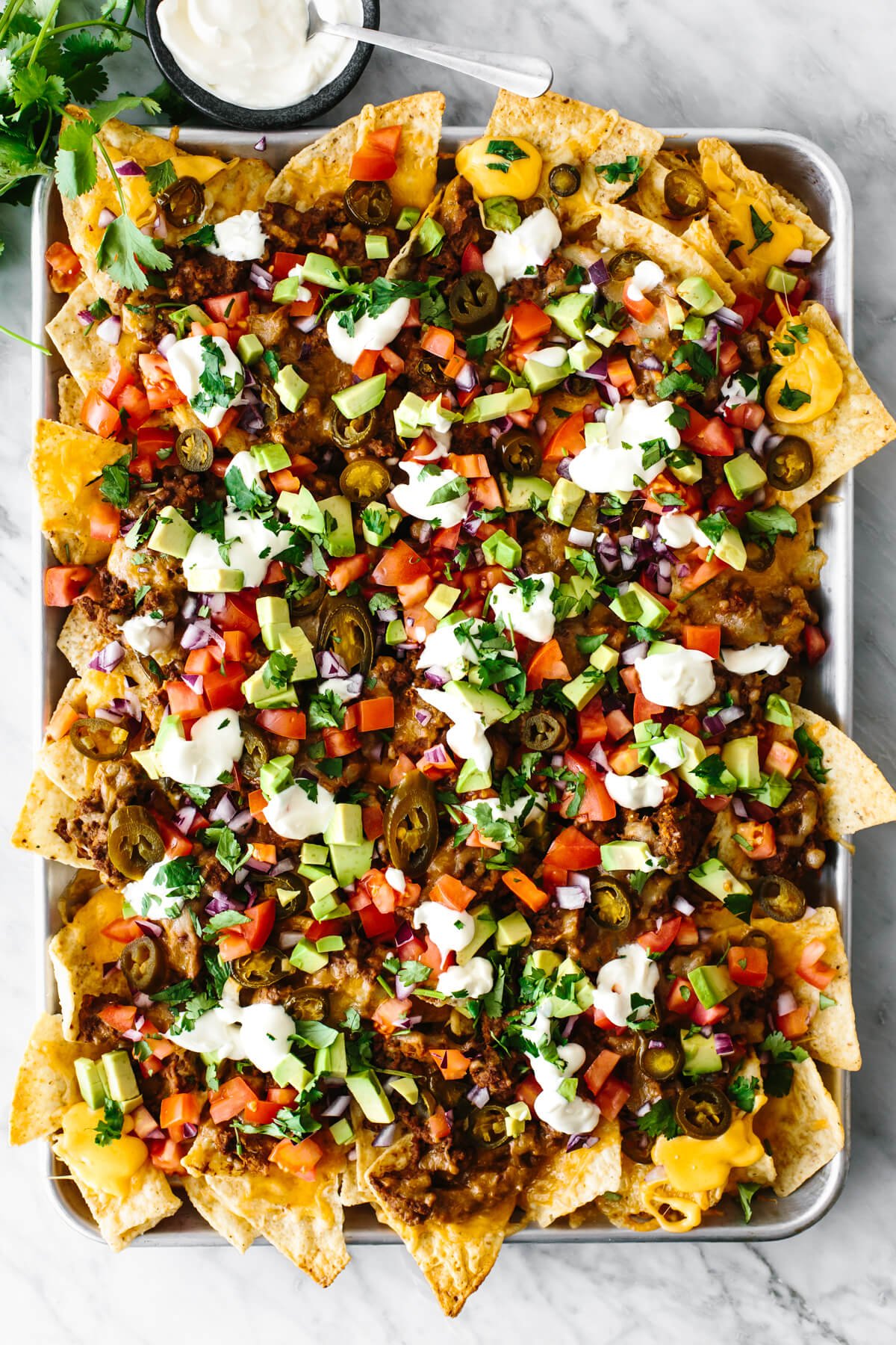 A tray filled with nachos and toppings.