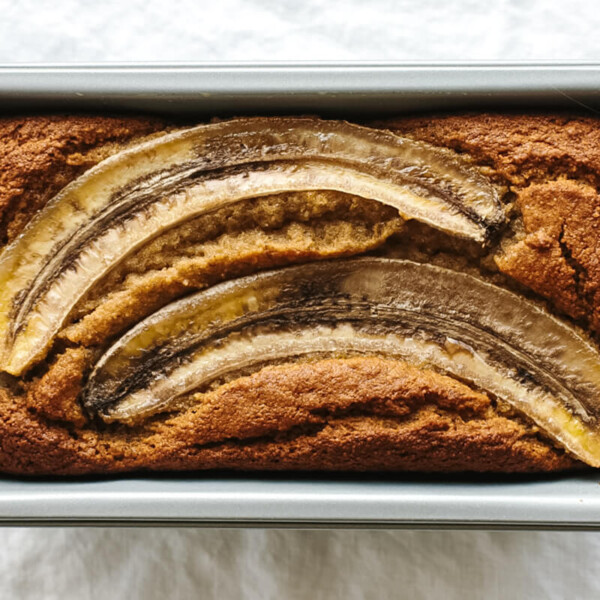 Paleo banana bread in a loaf pan.