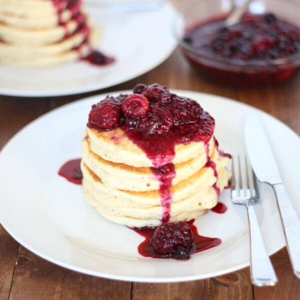 (gluten-free, nut-free, paleo). Nut-Free Paleo Pancakes with Triple Berry Compote. A fluffy and light pancake with sweet and delicious berry compote.