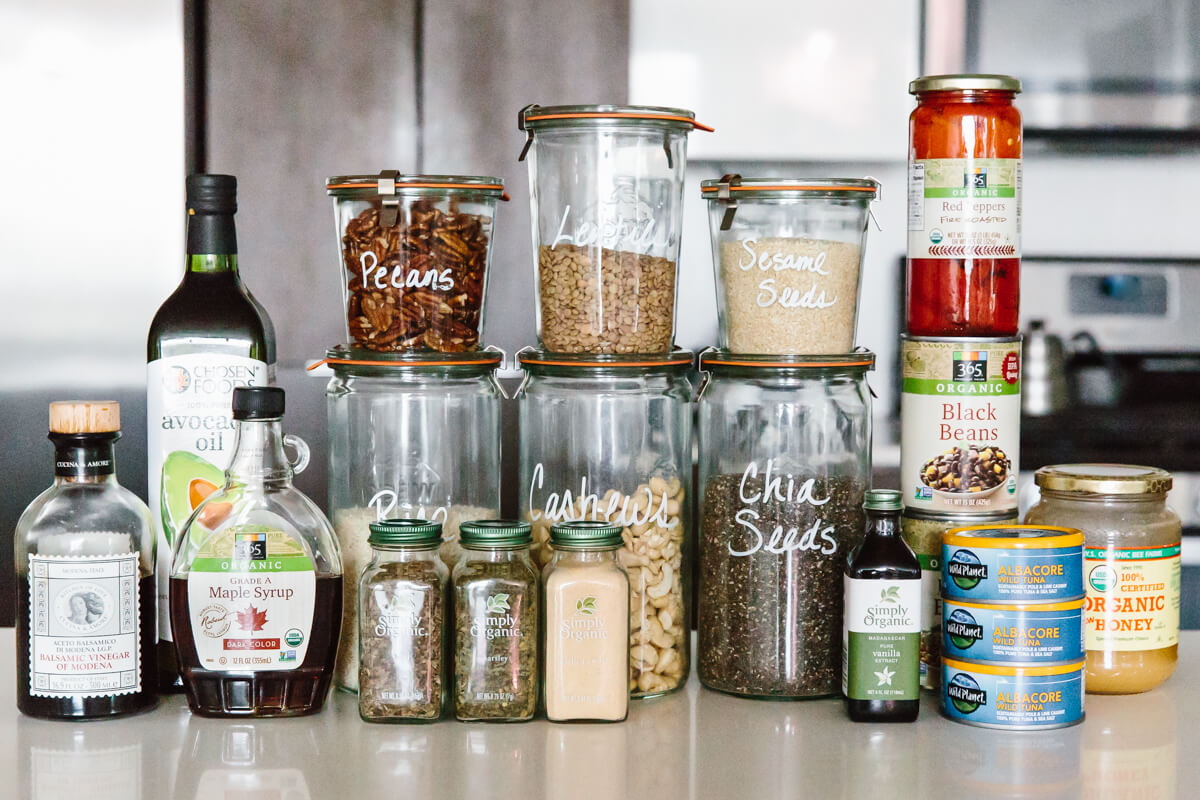 Pantry staples on a kitchen countertop.