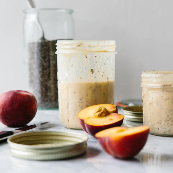 A delicious peach smoothie that makes for a healthy, breakfast smoothie when blended with yogurt and chia seeds. Make this with dairy or dairy-free.