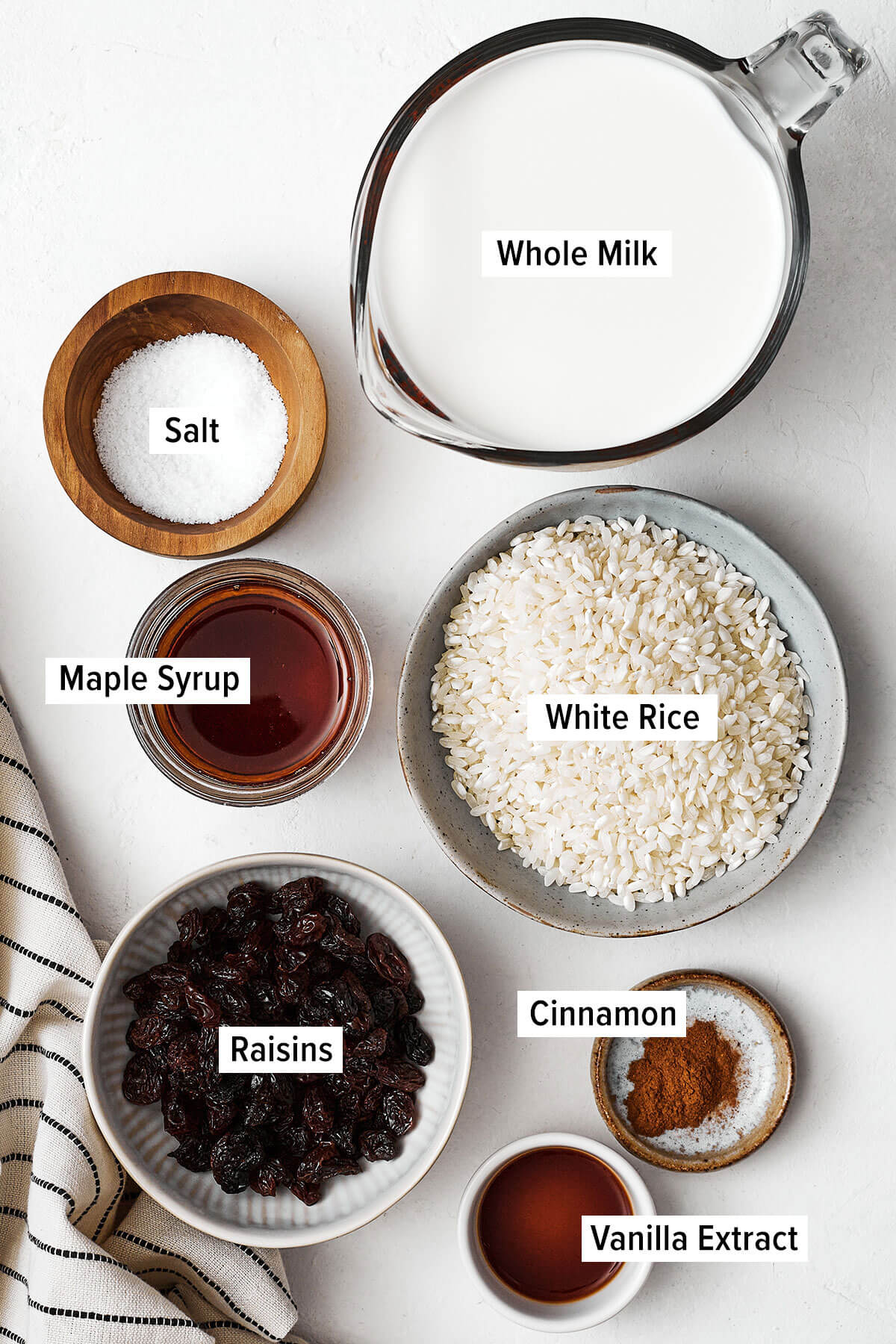 Ingredients for rice pudding on a table