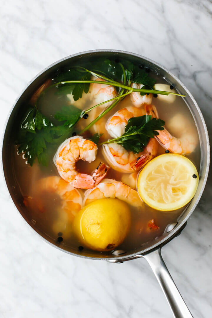 Poaching shrimp in a pot for shrimp cocktail