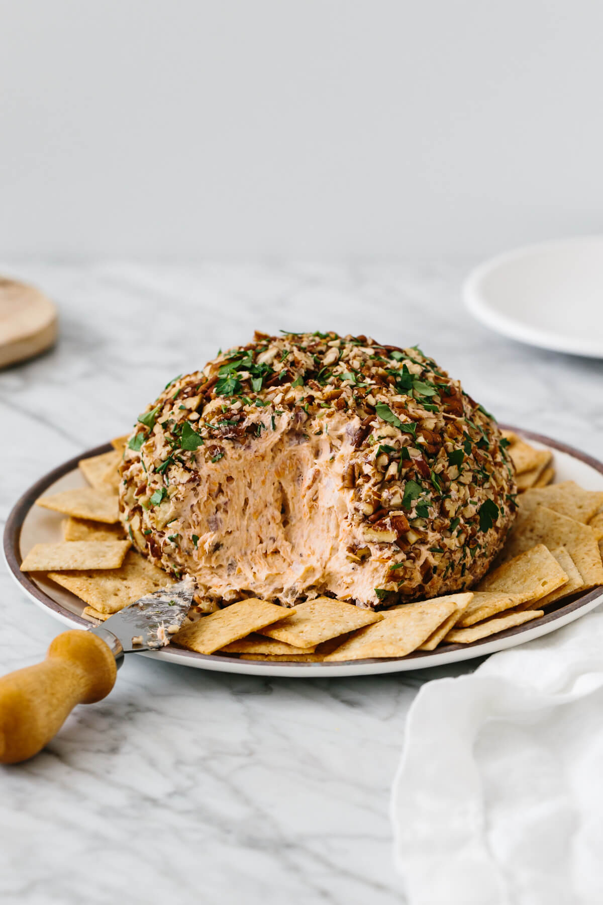 Salmon cheese ball on a plate surrounded by crackers.