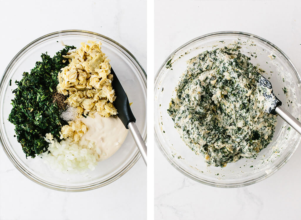 Spinach artichoke dip ingredients mixed together in a bowl.