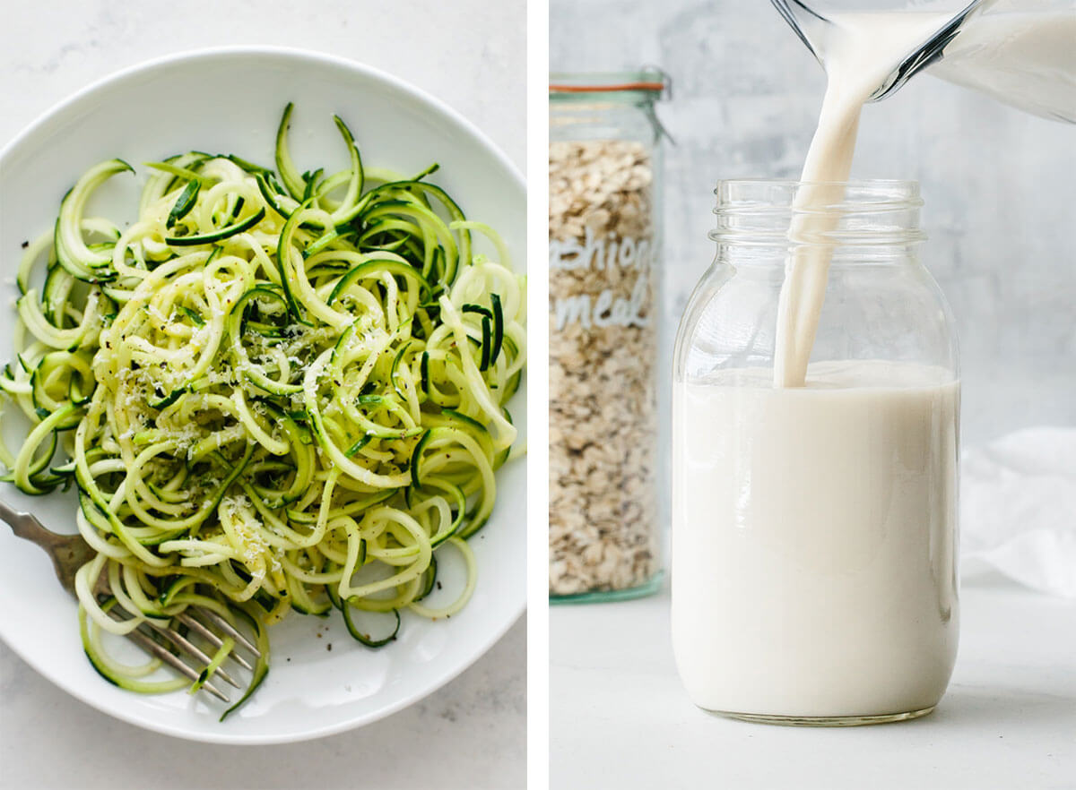 Vegetarian basics with oat milk and zucchini noodles.